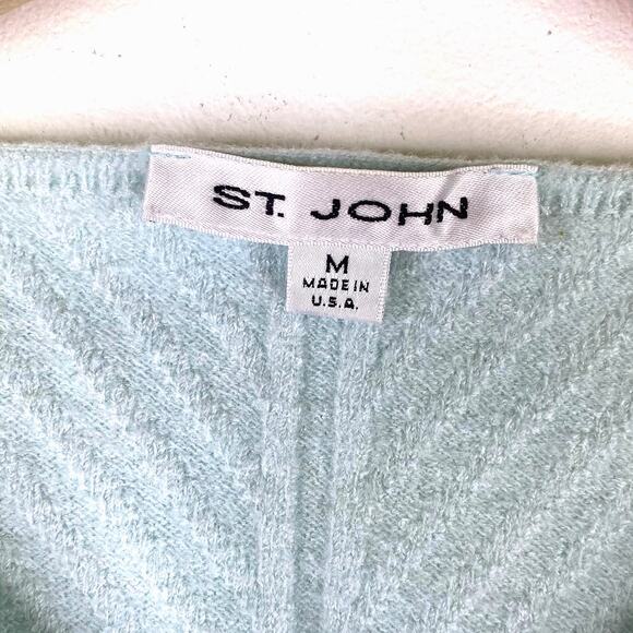 St John Wool Ribbed Knit Cropped Sweater Sz M Lt. Blue Scalloped Retro Art Deco - Picture 2 of 8